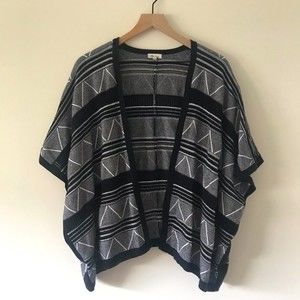 Ava Couture Black White Geometric Print Open Front Cardigan Sweater - Small